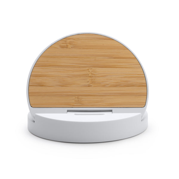 O carregador sem fio de 10 W com corpo em bambu e ABS é uma opção elegante e funcional para carregar seu smartphone de maneira conveniente