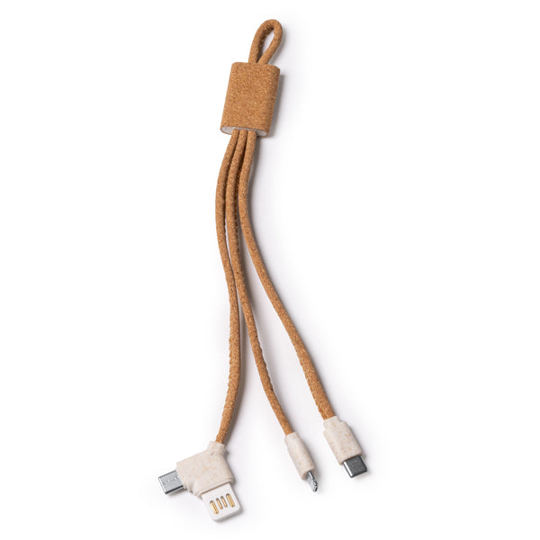 The 5-in-1 charging cable with cork and wheat fiber body is a versatile and sustainable solution for charging multiple devices