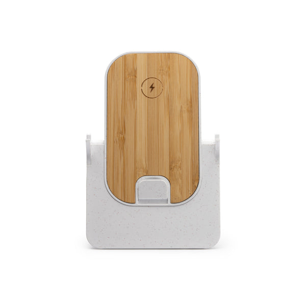 The wireless charger with bamboo body and wheat fiber base offers a sustainable and convenient solution for charging your smartphone