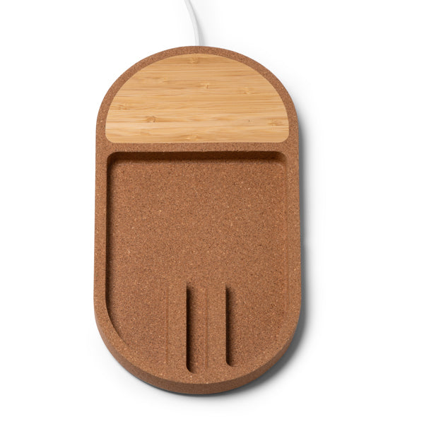 The wireless charger with a combined cork and bamboo body integrated into an organizer tray is a functional and sustainable option to keep your devices charged and your workspace tidy.