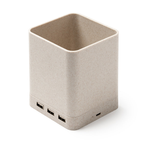 Caneta multifuncional feita de fibra de trigo com carregador sem fio com potência de 5W e três portas USB