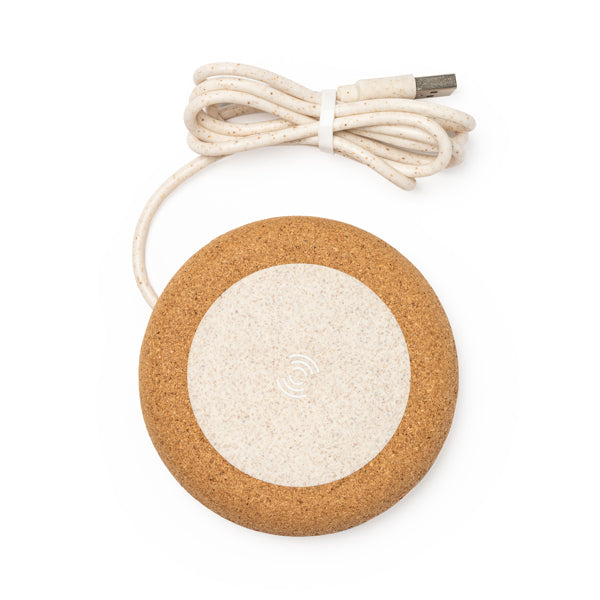 Wireless charger with natural cork and wheat fiber body, with 5W power