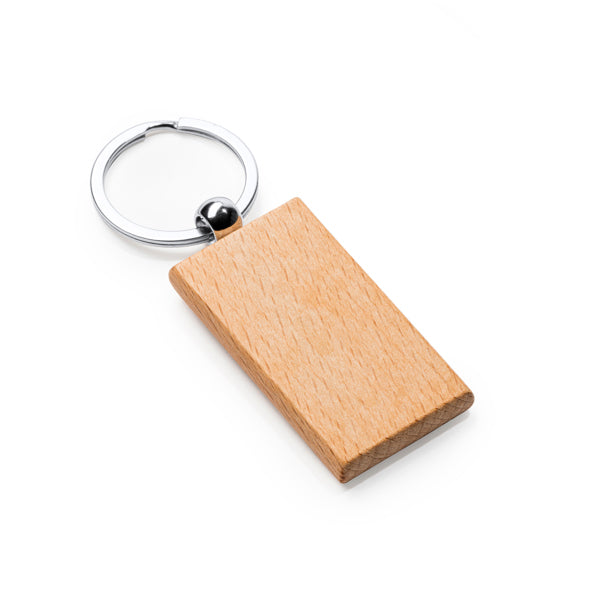 Natural wood keychain in two designs with metal ring