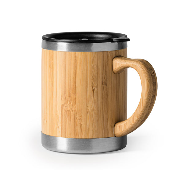 Caneca em aço inox com parede dupla e exterior em bambu