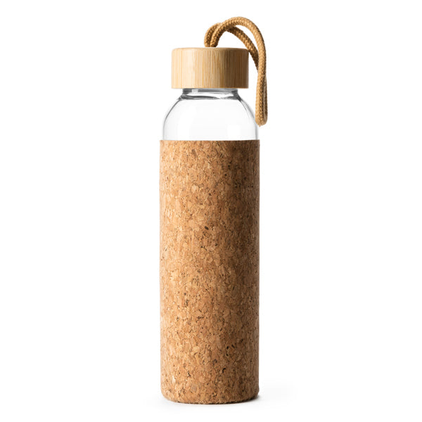 Glass bottle with natural cork casing