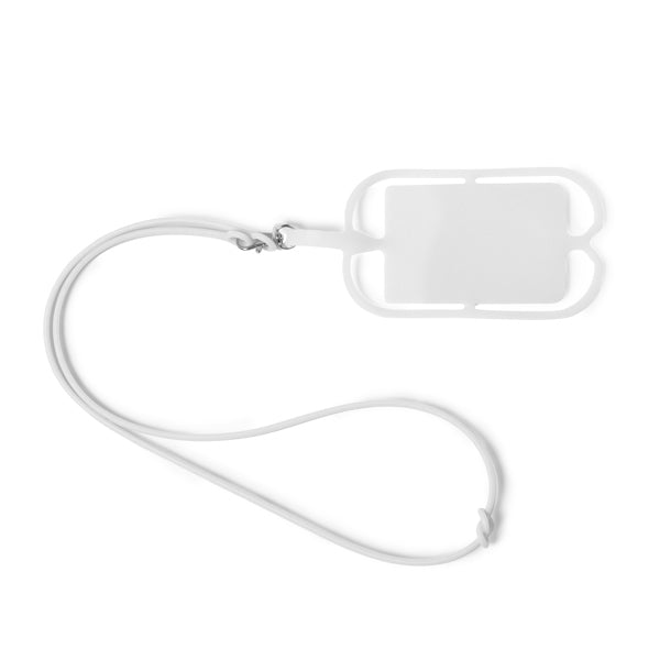 Cordão de silicone com suporte para móbiles ou cartões, sistema de ajuste e mosquetão