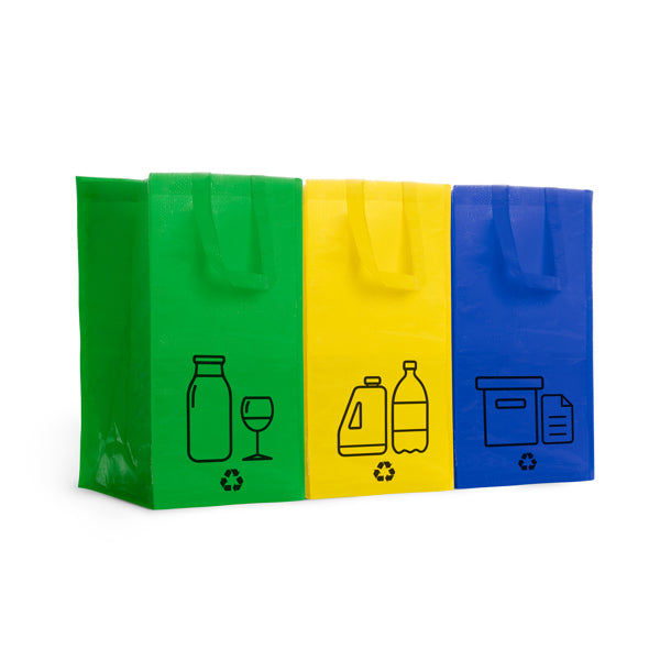 Set of 3 recycling bags in durable laminated PP fabric finished with Velcro side strips