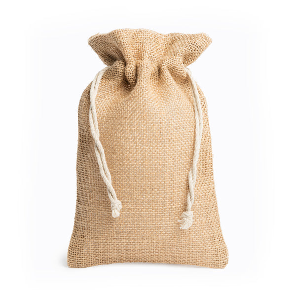 Bolsa estilo saco confeccionada em juta natural com fecho de cordão de algodão