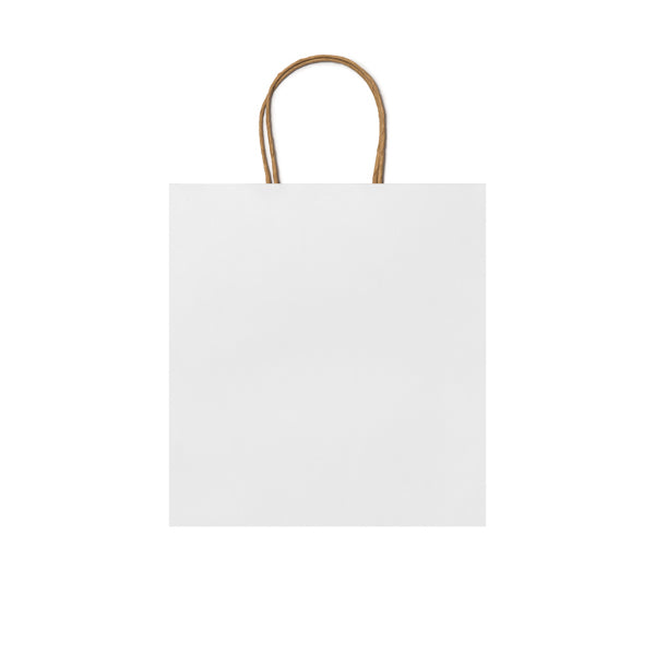 Saco de papel de 110 g/m2 em acabamento natural, com alças curtas reforçadas em desenho torcido