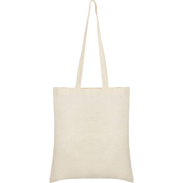 Sacola confeccionada em tecido de algodão na cor natural, com alças longas no mesmo tom