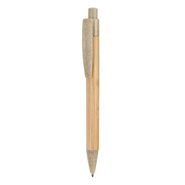 Button pen with bamboo body and tip, wheat fiber/ABS clip and button