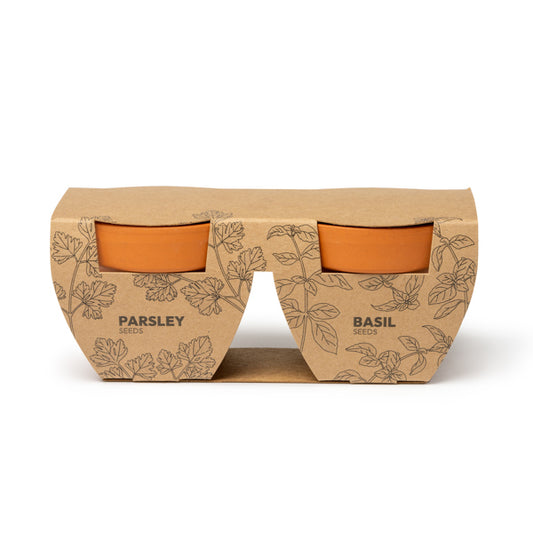 Conjunto de dois vasos de flores com sementes de salsa e manjericão