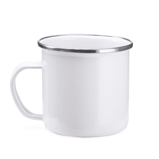 Fantástica caneca em metal esmaltado com borda prateada, com capacidade de 380 ml e revestimento especial para sublimação, estilo retrô