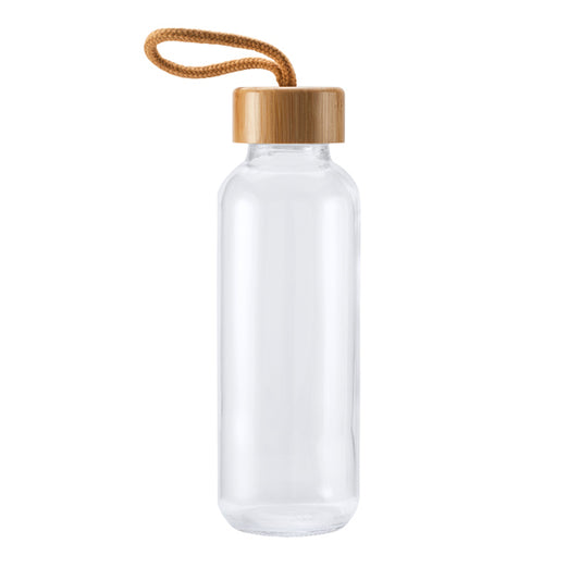 450 ml glass bottle with distinctive bamboo lid and carrying handle with natural finish